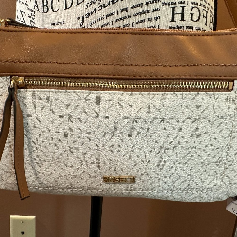 NWT Rosetti White Gray Crossbody Handbag Purse w/ brown trim New Tags Attached!